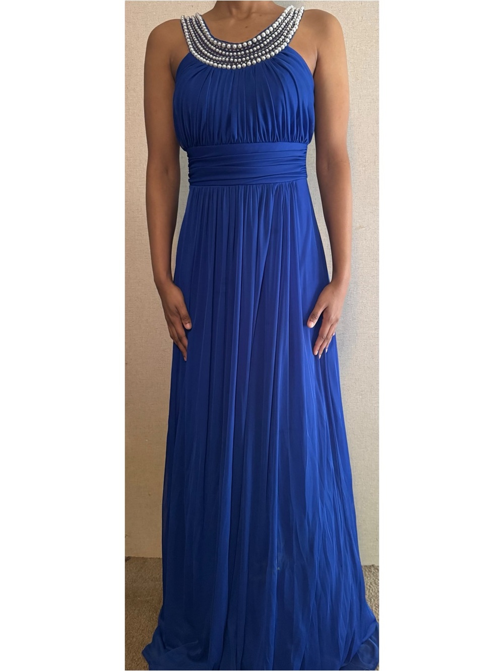 Elegant Royal Blue Beaded-Neck Evening Gown